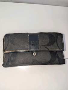 Coach Black Signature Jacquard and Leather Trim TrifoldLong Wallet, Rough Condition