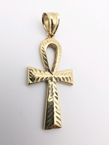 10K Yellow Gold Egyptian Ankh Pendant, textured, chevron-patterned diamond-cut design, Stamped aG 10K