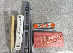 Lot of Miscellaneous Tools Four-Way Tire Iron, Levels, Surge Protectors, Milwaukee Sign