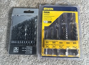 Lot of Drill Bit Sets High-Speed Steel (HSS) Twist Drill Bit Set, Irwin Hanson Spiral Screw Extractor & Cobalt Drill Set