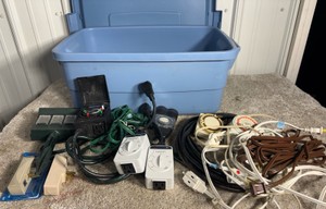 Lot of Extension Cords, Timers in Tote wLid
