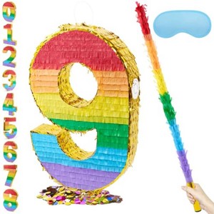 PCFING 20 Inch Number 9 Pi ata Rainbow with 30 In Stick Blindfold Confetti