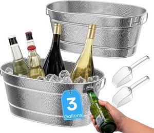 2 Pack Small Galvanized Tub with Handles - Beverage Tub, 3 Gallon Ice Bucket for Small Parties, Metal Drink Buckets for Parties for Champagne Cocktails Wine Cooling for Mimosa Bar Supplies