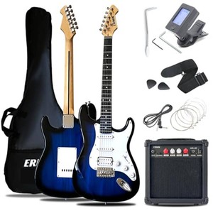 $114 Ermik Solid Body Electric Guitar Kit with Amp 20W, Strings, Strap, Digital Tuner, Picks, Gig Bag, Cable, Tremolo Bar, 39 Full Size Guitar HSS Pickups Guitarra Electrica Beginner Gift - Blue