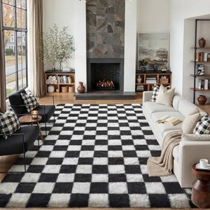 PureCozy Checkered Rug 8x10 for Living Room Black and White Soft Shag Rugs