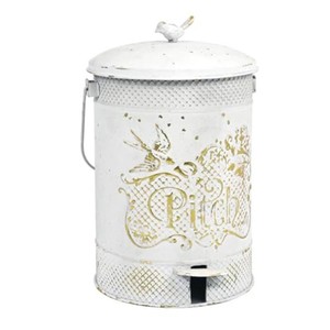 Farmhouse Garbage Can with Lid Indoor Outdoor Trash Can with Embossed Bird and Flowers PatternMetal Retro Kitchen Trash Can with Lid for Kitchen Room and Garden Decor (White)