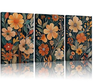 Kdyudo 3 pcs Vintage Orange Floral Framed Canvas Wall Art, Medieval Modern Floral Paintings, Natural Botanical Artwork, Bohemian Neutral Botanical Decorative Artwork, Living Room, Office, Office, 16x24 Inch