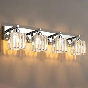 Brushed Chrome Crystal Bathroom Vanity Light, 4-Light Modern Bathroom Lighting Fixtures Over Mirror,Chrome Wall Sconce Light Fixtures with Square Shade