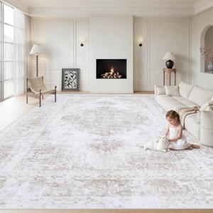 XLUEZ Area Rug 8x10 Living Room Rug, Machine Washable Vintage Distressed Medallion Rug Non-Slip Soft Low Pile Large Indoor Rugs for Bedroom Dining Room Office Childrens Room (Beige,8x10)