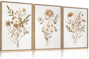 KAIRNE Neutral Boho Floral Botanical Framed Canvas Wall Art Set-16x24x3