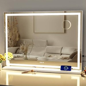 Gvnkvn Makeup Vanity Mirror with Lights 32 x 24 Large LED Makeup Mirror, Light up Mirror with 10X Magnification and USB Charging Port, Dimmable 3 Modes, Touch Screen Control Square Corner