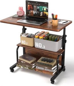 QZMDSM Portable Rolling Desk on Wheels Adjustable Height Desks for Small Spaces, 32 Computer Desk Drafting Tables with Storage Shelves for Home Office Rustic