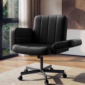 $150 HUANUO Criss Cross Chair with 6-Point Adjustable Armrests, Pet-Friendly Criss Cross Office Chair, Comfortable Cross Leg Chair with Wide Seat, Durable PU Leather, Side Storage Pocket, Easy Assembly