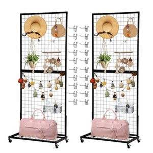 $130 Eastern Tree Grid Wall Panels, Black Gridwall Panel Display Stand with a Baseplate, Grid Wall Display Rack, Grid Panels for Retail Display with 20 Hooks, 2 Packs 2.5x 6