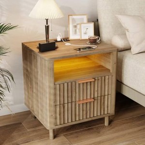 $130 Fluted Nightstand with Charging Station, 2 Drawers Oak