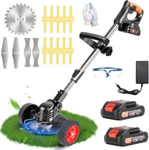 Electric Weed Wacker Cordless, 21V Lightweight Stringless Weed Wacker, Weed Trimmer, 3-in-1 Grass TrimmerBrush CutterEdger, with Wheels,2pcs Batteries&4 Types Blades for Thick Weeds&Yard Garden