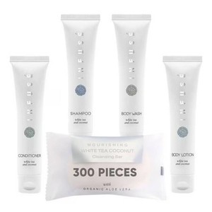$228 Infuse Pure White Tea and Coconut Hotel Soaps and Toiletries Bulk Set  1-Shoppe All-In-Kit for Hotels  1oz Shampoo & Conditioner, Body Wash, Lotion & 1.25oz Bar Soap  Travel Size 300 Pieces