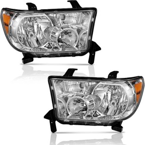 Headlights for 07-13 Toyota Tundra, Fits Models WO Level Adjuster  2008-2017 Toyota Sequoia (Fits 12-14 Sequoia Models WO Headlight Washer ), Clear Lens Chrome Housing Amber Reflector