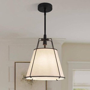 $140 Modern Pendant Light Fixtures with 12 White Linen Fabric Shade, Adjustable Hanging Light Fixture,Drum Black Vintage Chandelier for Kitchen Island Bedroom Dining Room Foyer Entryway