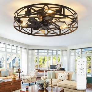 Depuley Flush Mount Ceiling Fan 24 Caged Ceiling Fans with Remote Control for Patio Kitchen Bedroom - Low Profile Fandelier Lights Fixture Reversible 6 Speed Timer Black 6E26 Bulb Not Included