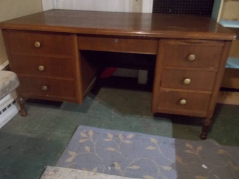 Vintage Wood Double-Pedestal Executive Desk with Pop-Up Typewriter Lift Shelf