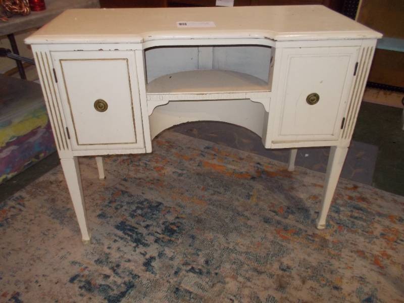 Vintage White Curved Kneehole Vanity Desk with Two-Door Side Cabinets