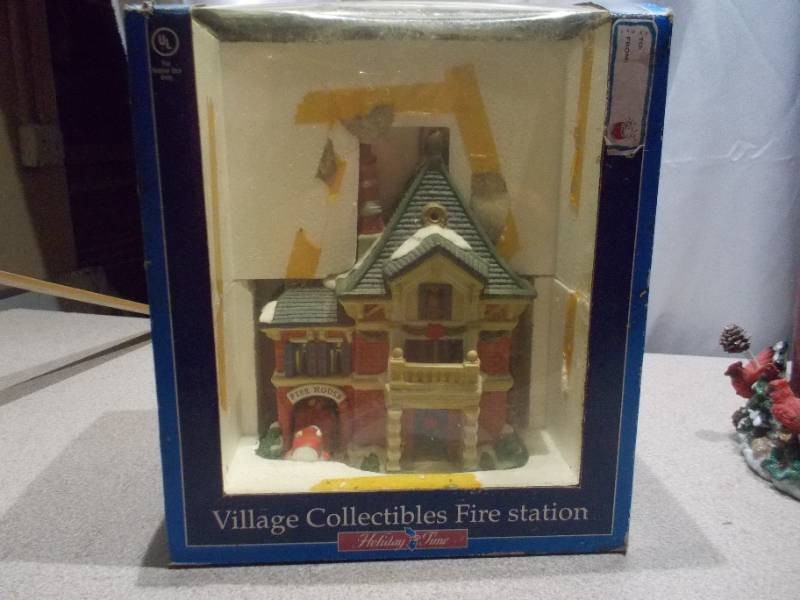Village Collectibles Fire Station Illuminated Ceramic Christmas Village Piece