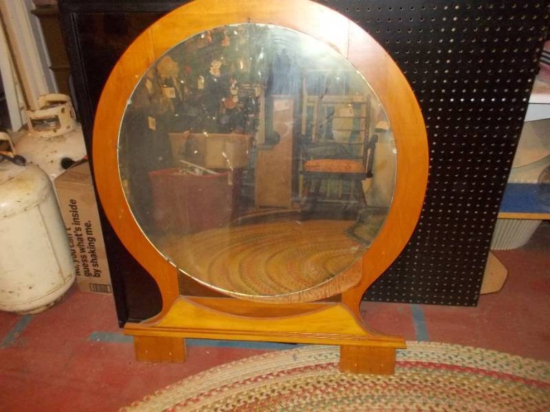 Vintage Round Wooden Framed Pedestal Vanity Mirror