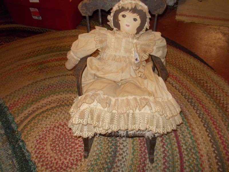 Vintage Childs Wooden Rocking Chair with Doll & Cushion