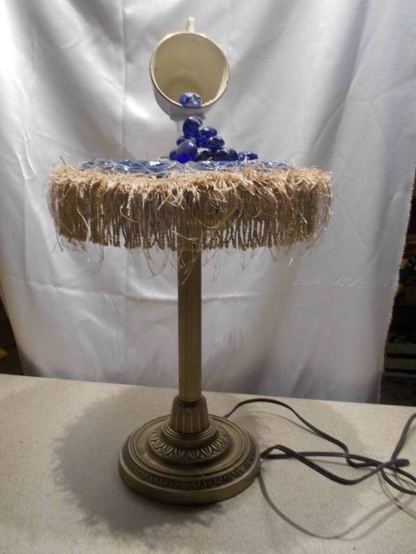 Vintage Table Lamp with Fringe Shade & Floating Teacup Accent