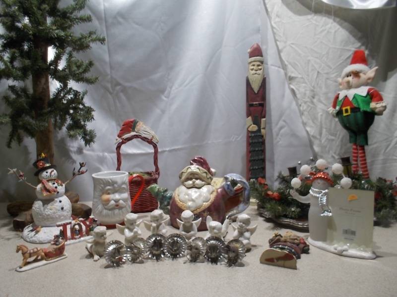Vintage Christmas Holiday Decor Lot - Santa Teapot & Mug, Snowmen, Trees & Angel Figurines