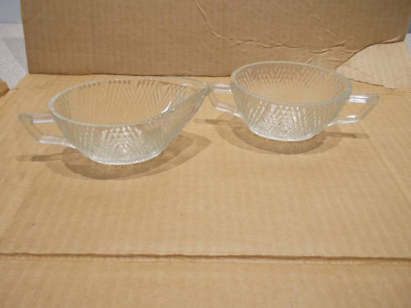 Vintage Clear Cut Glass Creamer and Sugar Bowl Set - Diamond Pattern