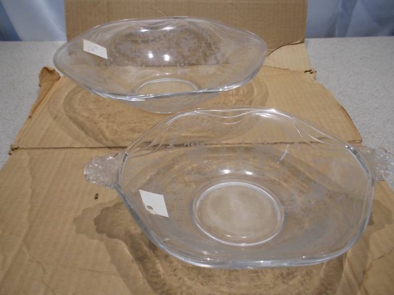 Vintage Clear Etched Glass Fruit Bowls  Serving Dishes with Handles (Pair)