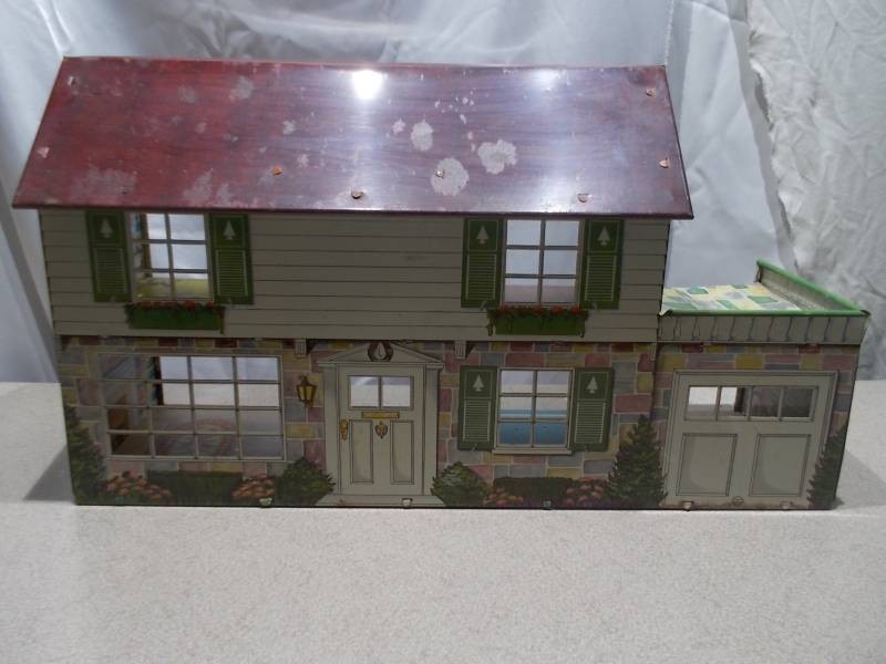 Vintage Marx Two-Story Lithographed Metal Dollhouse with Garage