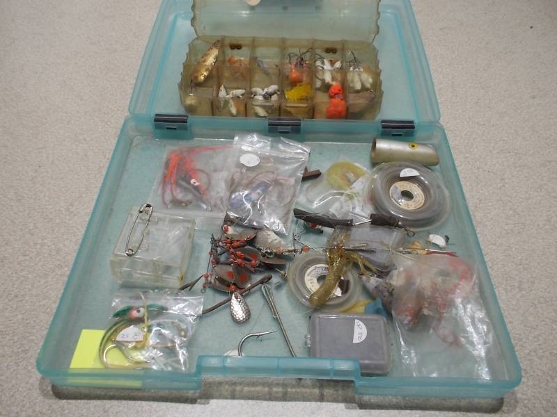 Vintage Fishing Tackle Box Lot with Assorted Lures & Fishing Line