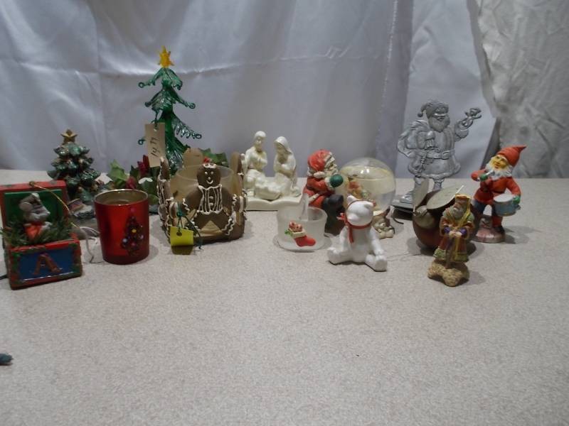 Vintage Christmas Holiday Decor Lot - Snow Globe, Stocking Hangers & Nativity