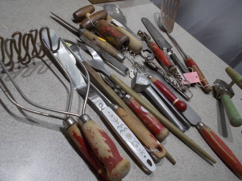 Vintage Kitchen Utensil & Gadget Lot - Wood Handles, Potato Mashers, Scoops