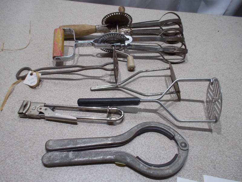 Vintage Kitchen Utensil & Gadget Lot - Egg Beaters, Jar Wrenches, Mashers