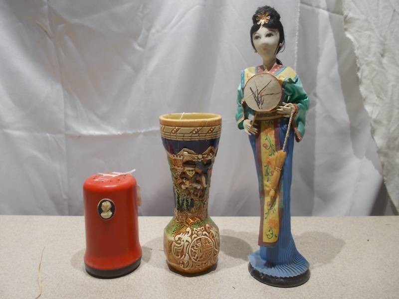 Vintage Asian Geisha Figurine, Satsuma Style Vase & Red Cameo Powder Jar Lot
