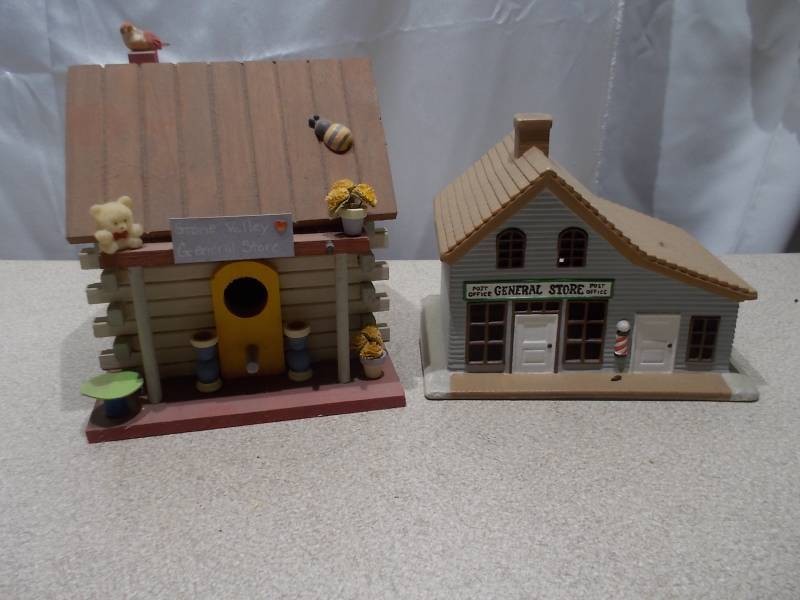 Vintage Miniature General Store  Post Office & Log Cabin Birdhouse Decor Lot