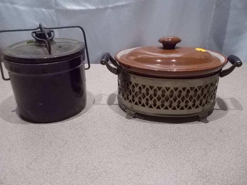 Vintage Stoneware Lot - Covered Casserole in Metal Base & Brown Bean Pot