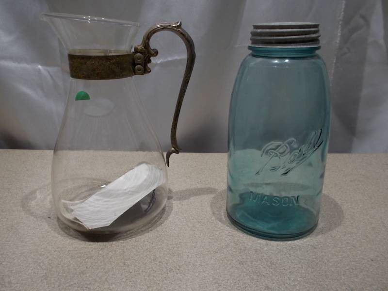 Vintage Blue Ball Mason Jar & Glass Pitcher with Metal Handle Lot