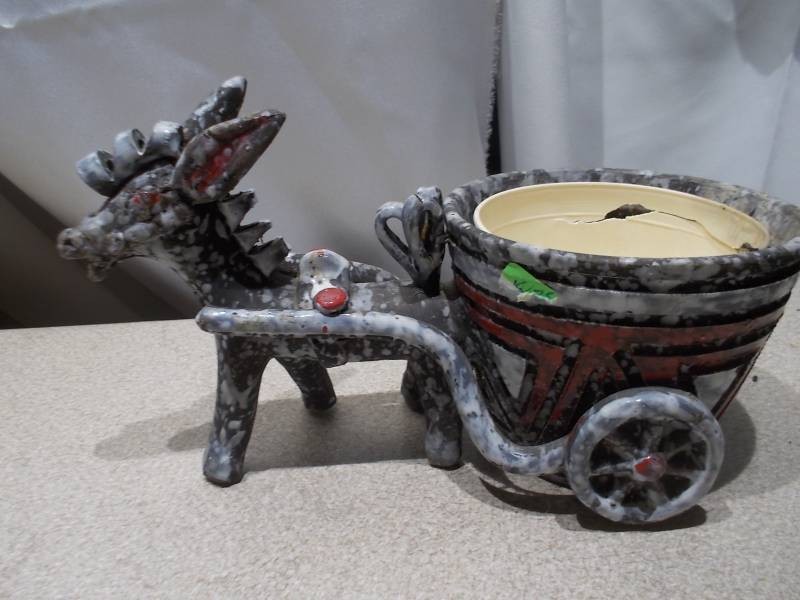 Vintage Ceramic Donkey & Woven Cart Tabletop Planter