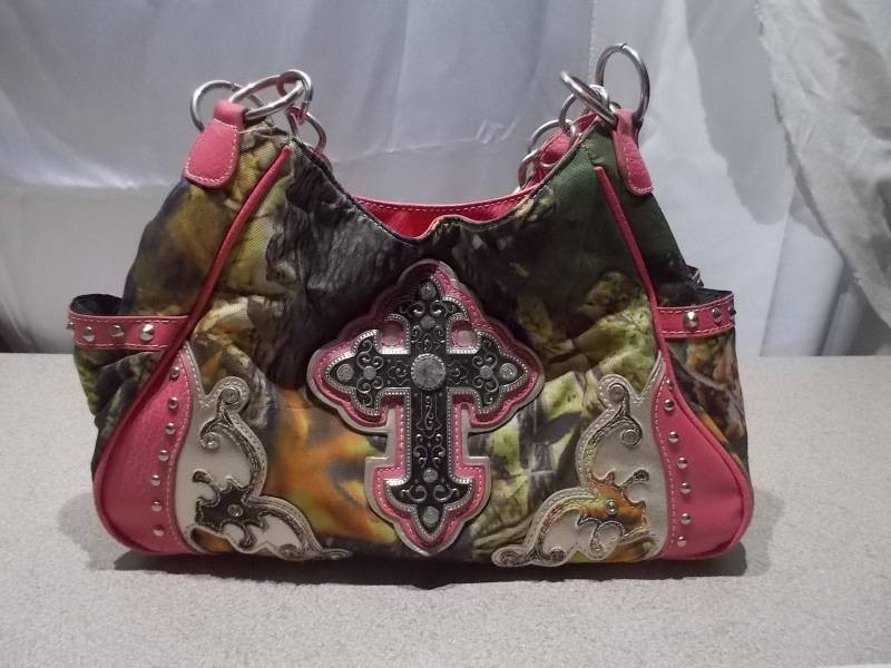 Ornate Floral Cross Patterned Handbag - Magenta Faux Leather Trim & Multi-Compartment