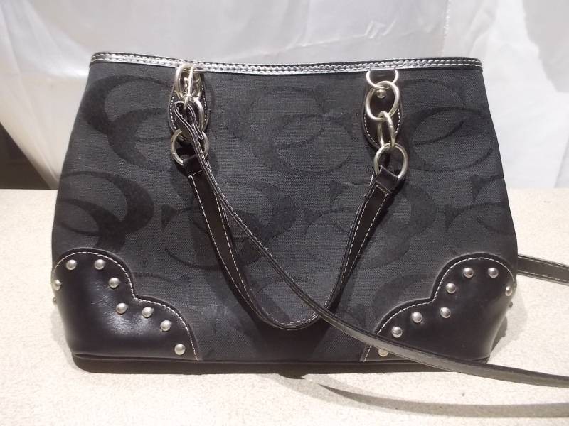 Chic Black Handbag - Silver-Tone Hardware Links, Studded Accents & Multi-Pocket Interior