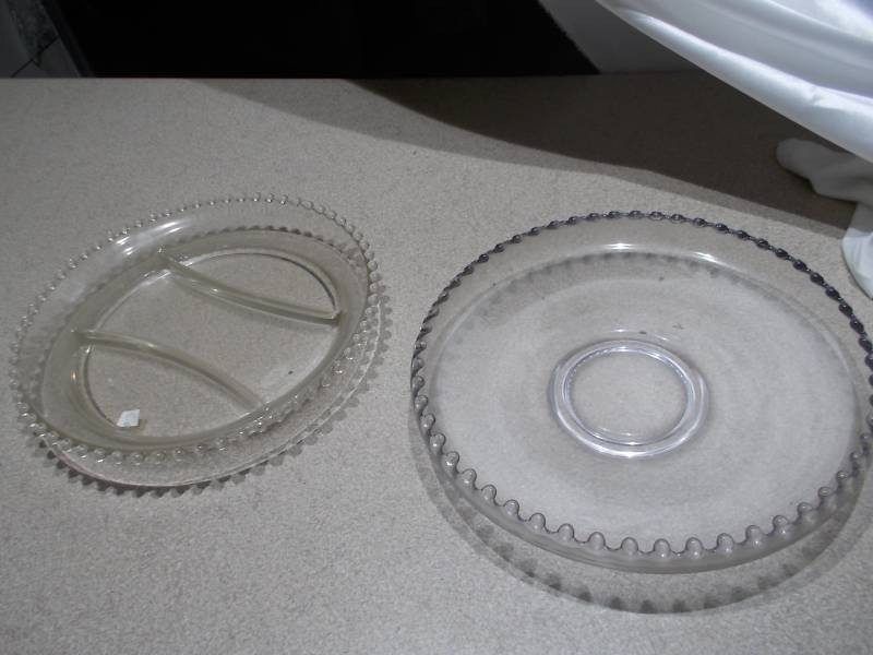 Vintage Clear Pressed Glass Divided Relish  Chip & Dip Serving Dishes with Beaded Rim