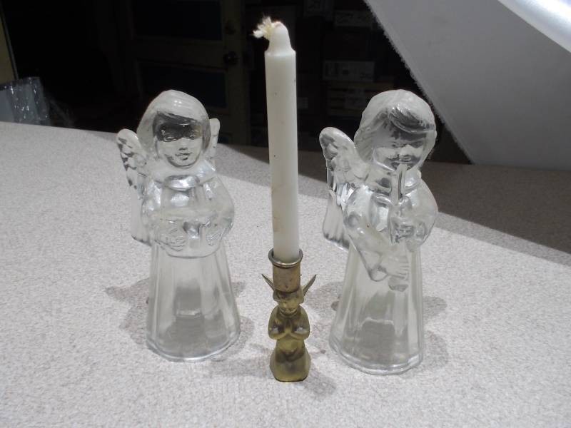 Pair of Clear Glass Angel Candleholders & Small Brass Cherub  Angel Figurine Set