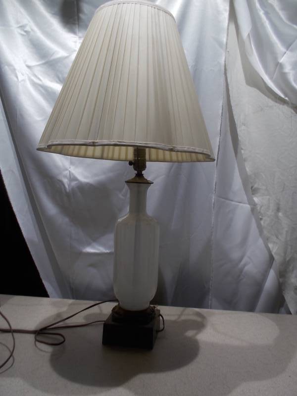 Vintage White Opaline  Milk Glass Table Lamp with Brass Accent Base & Pleated Shade