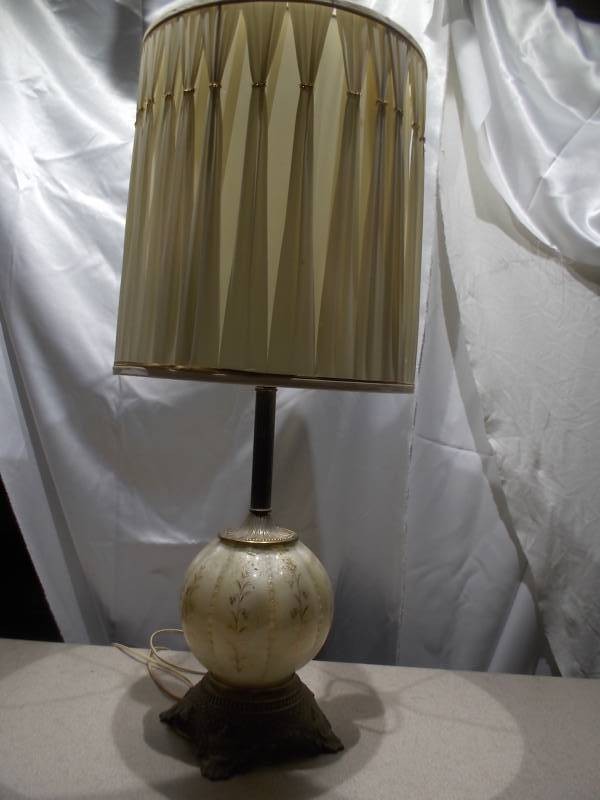 Vintage Hand-Painted Floral Glass Globe Table Lamp with Pleated Shade & Metal Base