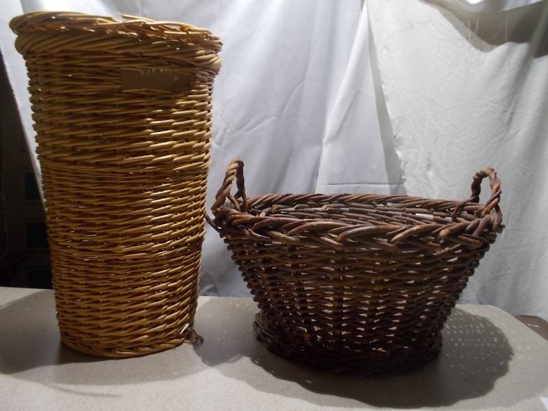 Pair of Woven Wicker Baskets - Tall Cylinder & Wide Handled Basket